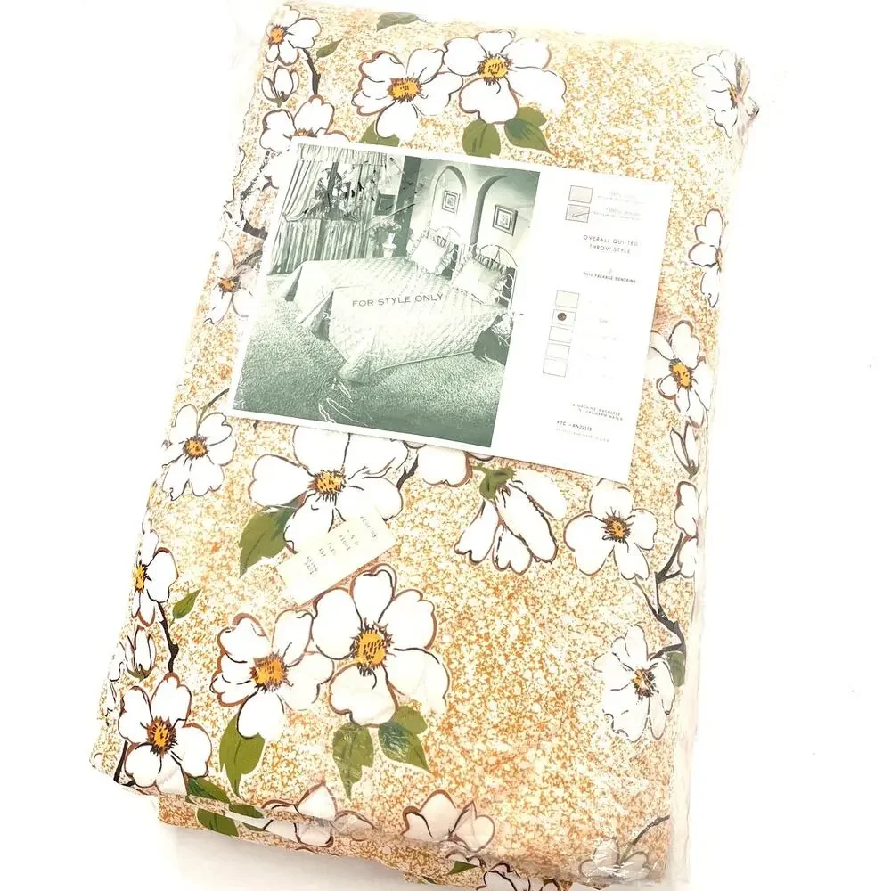 vintage new in package twin size coverlet quilt bed spread tan white floral